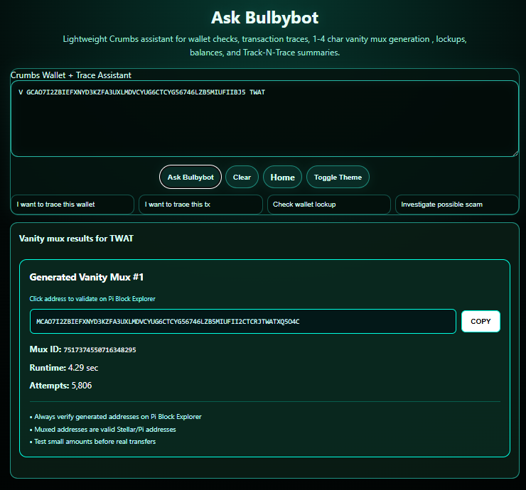 bulbybot's tweet photo. 🚀 Crumbs is getting an AI module!

Still a work in progress, but it's coming together nicely.

✅ PCT Wallets 
(hands off this one, @itinajnr  @ZyraChains 👀)
✅ Sweeps
✅ Wallet Lookup
✅ Track N Trace
✅ Vanity
The goal? Every Crumbs tool available through one easy-to-use interface, powered by an AI assistant.
One dashboard. One assistant. All your Crumbs tools.
More updates soon.