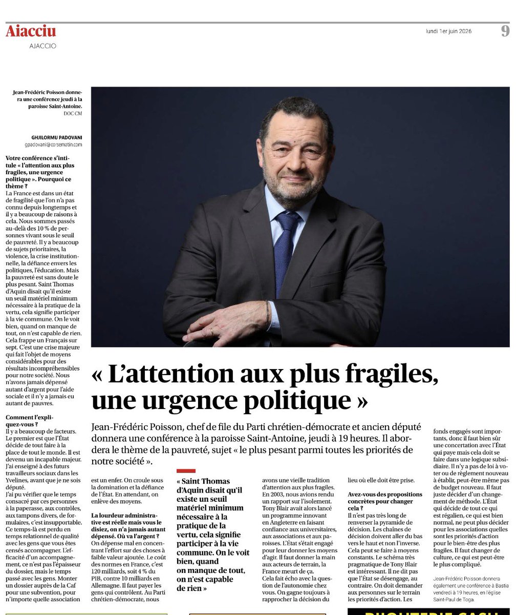 VIA_Corsica's tweet photo. « L’attention aux plus fragiles est une urgence politique. »

Merci à @Corse_Matin pour son interview de @jfpoisson78 , qui sera en #Corse pour 2 conférences consacrées à la pauvreté, à la fragilité sociale et au bien commun.

📍 Ajaccio – 5 juin, 19h
📍 Bastia – 6 Juin, 19h https://t.co/W1EAGl6HFP