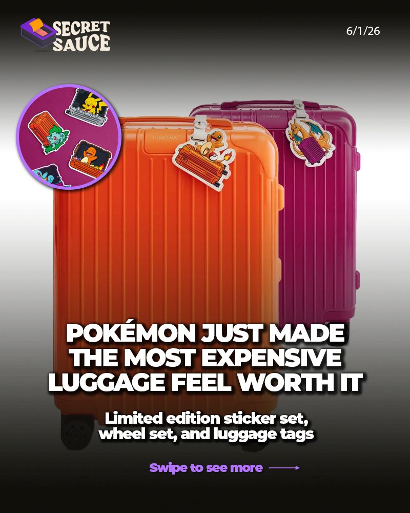 Secretsauce's tweet photo. RIMOWA x Pokémon. Two brands that have zero business collaborating and yet here we are.
Limited edition sticker set, wheel set, and luggage tags dropping June 2nd. The collab is celebrating Pokémon's 30th anniversary and it shows. Orange, Magenta, and Silver colorways on the Essential and Original Cabin lines.
No, it won't make you a better reseller. But if you're already carrying a $700 suitcase through an airport, you might as well have Pikachu on it.
This is the kind of collab that sells out and gets ignored, until it doesn't.

Drop it in the comments: cop or pass? 👇