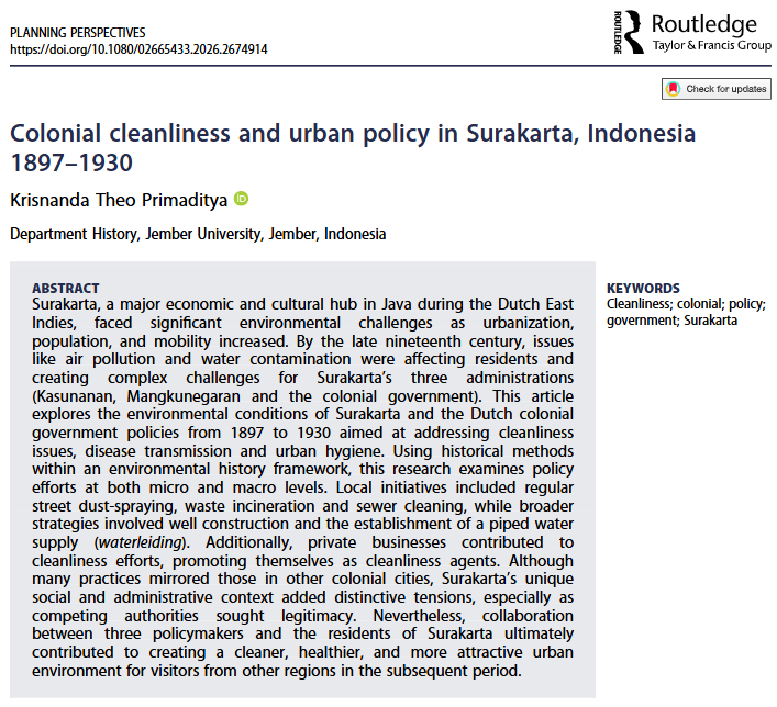 PlanningPersp's tweet photo. #TuesdayReading How did #colonialgovernments respond to urban environmental challenges? #KrisnandaTheoPrimaditya explores cleanliness policies, sanitation infrastructure, and urban governance in Surakarta, Indonesia, between 1897 and 1930.@tandfhss  #EnvironmentalHistory https://t.co/YDGttCvaNO