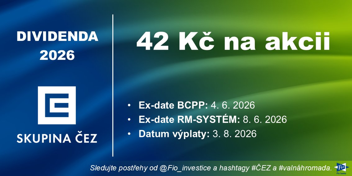 Fio_investice's tweet photo. 💰Valná hromada skupiny ČEZ právě schválila výplatu #dividendy v hrubé výši 42 Kč na akcii. https://t.co/2ROonBeYSH