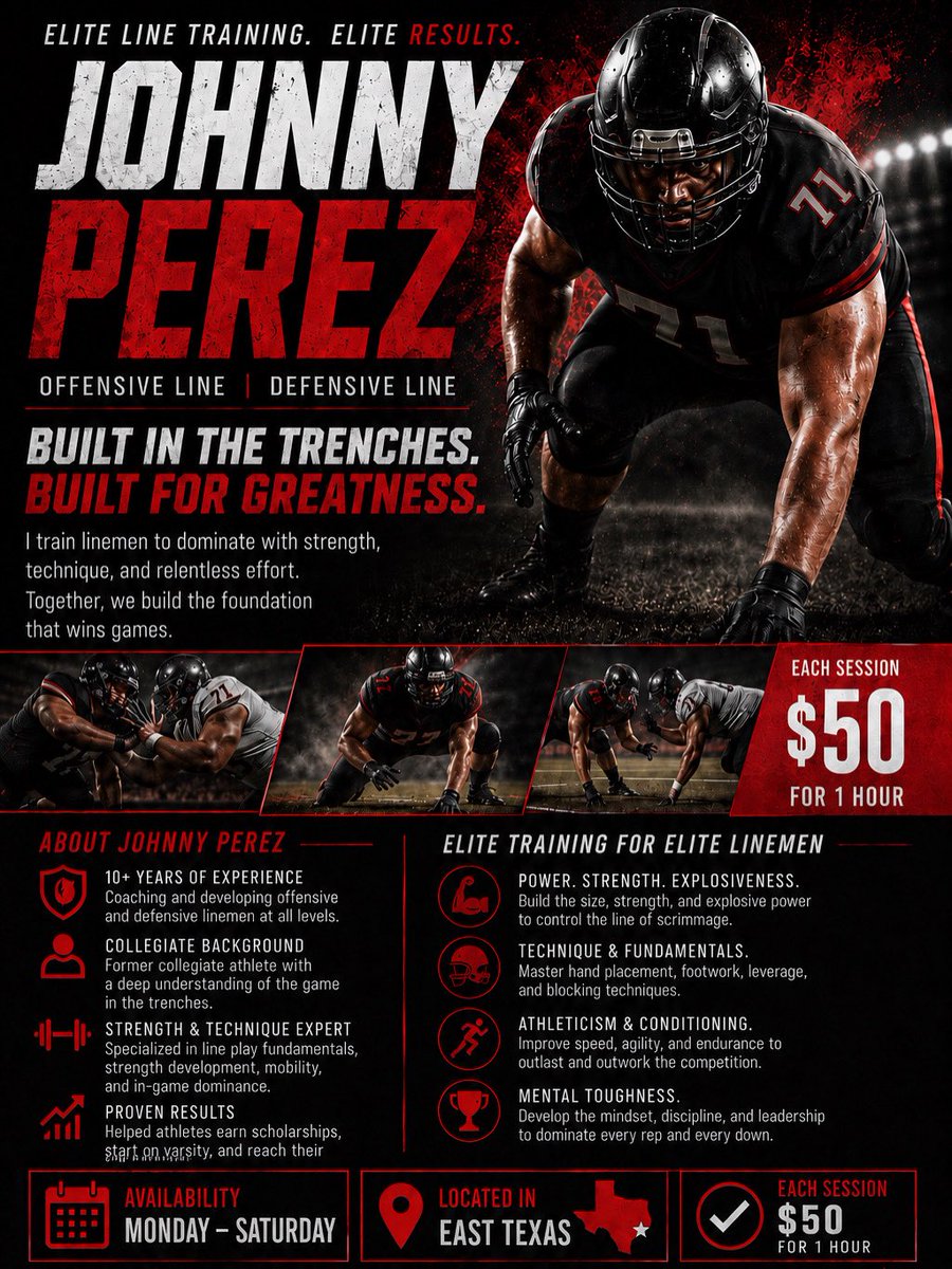 CoachxJP's tweet photo. 🚨CALLING ALL DEFENSIVE/OFFENSIVE LINEMEN 🚨 

IF YOU ARE LOOKING FOR AN ELITE TRAINER TO GET YOU RIGHT FOR THE UPCOMING SEASON, DM ME OR TEXT THE NUMBER ON THE FLYER AND LETS WORK ‼️‼️ https://t.co/E0nvqaLwXm