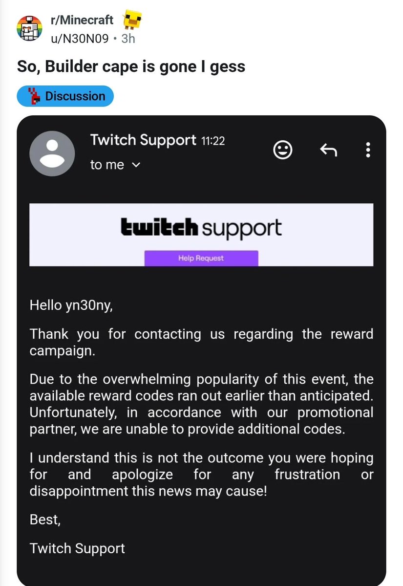 ibxtoycat's tweet photo. Apparently Minecraft ran out of the builder capes to give away twitch? https://t.co/9Y0QFgBqD1