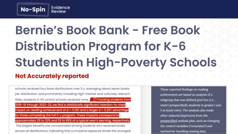 JonBaronforMD's tweet photo. New: Our No-Spin report on an RCT of Bernie's Book Bank, published in PNAS. The study reports positive impacts on reading, but these results are based on a post-hoc subgroup analysis. The primary findings aren't reported, preventing reliable conclusions about program impact.🧵 https://t.co/c1yVUHEFkr