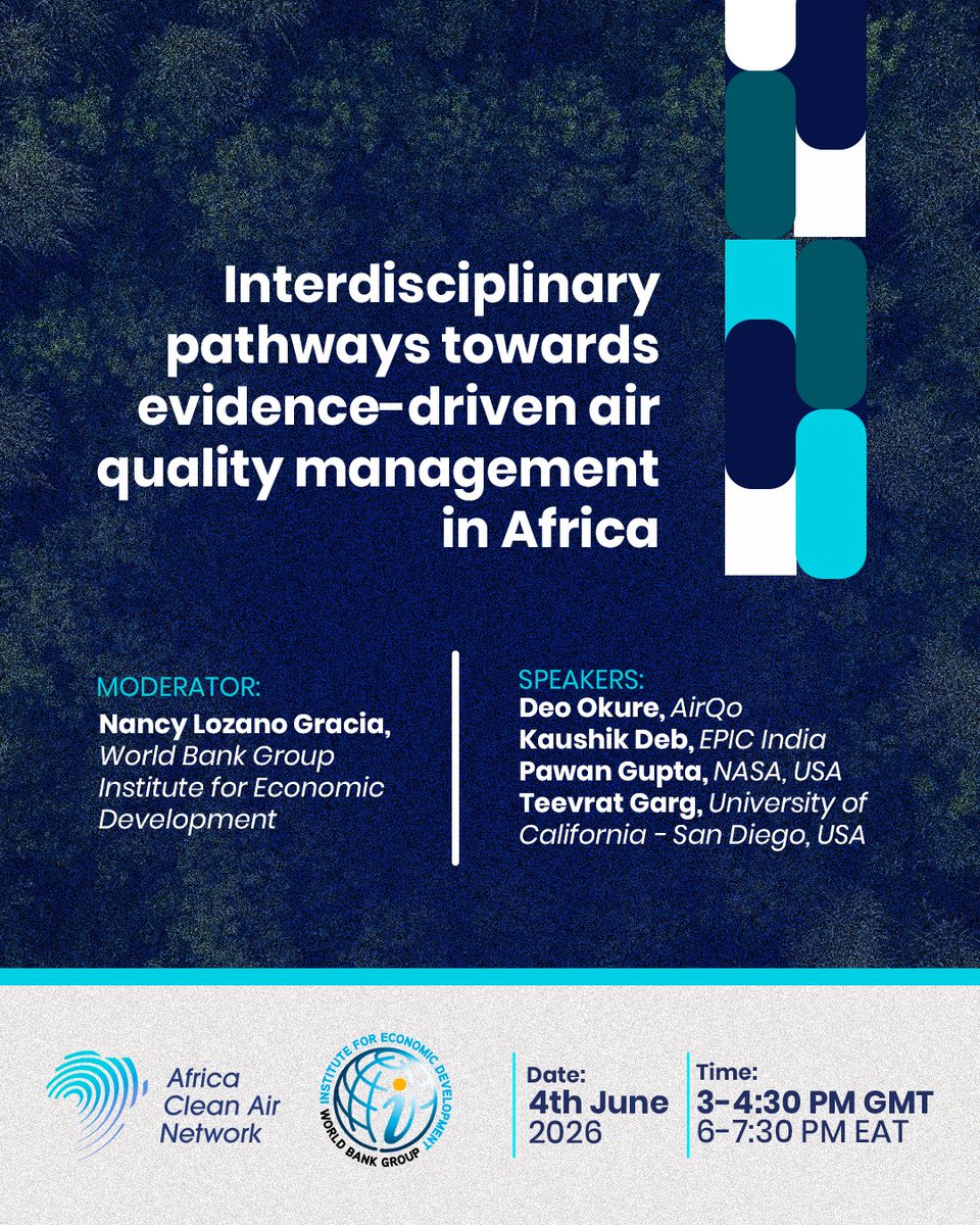 CleanAir_Africa's tweet photo. Air quality action requires collaboration across science, economics &amp; policy. Join our webinar exploring how better monitoring, forecasting &amp; data sharing can support scalable clean air solutions.
📅 4th June, 2026
🔗 https://t.co/BnnRtexpnx https://t.co/XlOeq18qJv