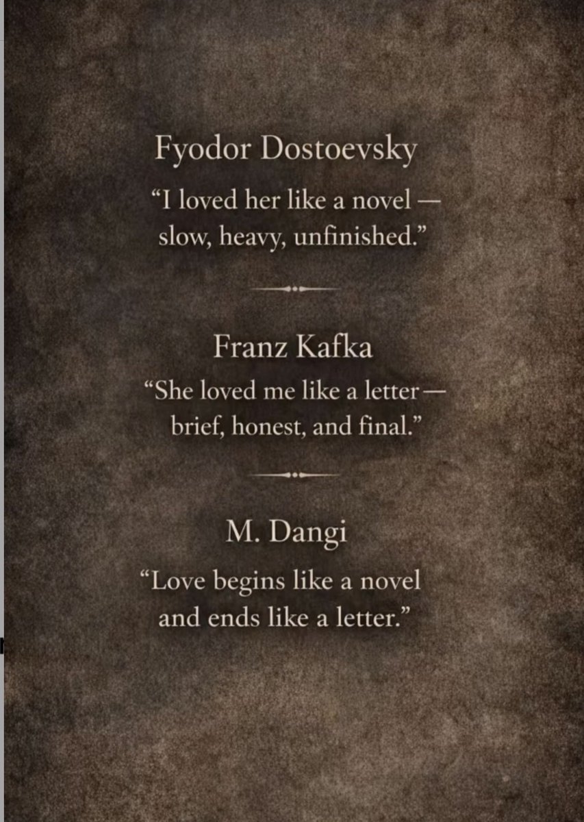 SpiritFemLit's tweet photo. “Love begins like a novel and ends like a letter.”

An original quote by M. Dangi.

Some stories unfold for years.

Some truths fit on a single page.

#MDangi #OriginalQuote https://t.co/sD0Zto53ZD