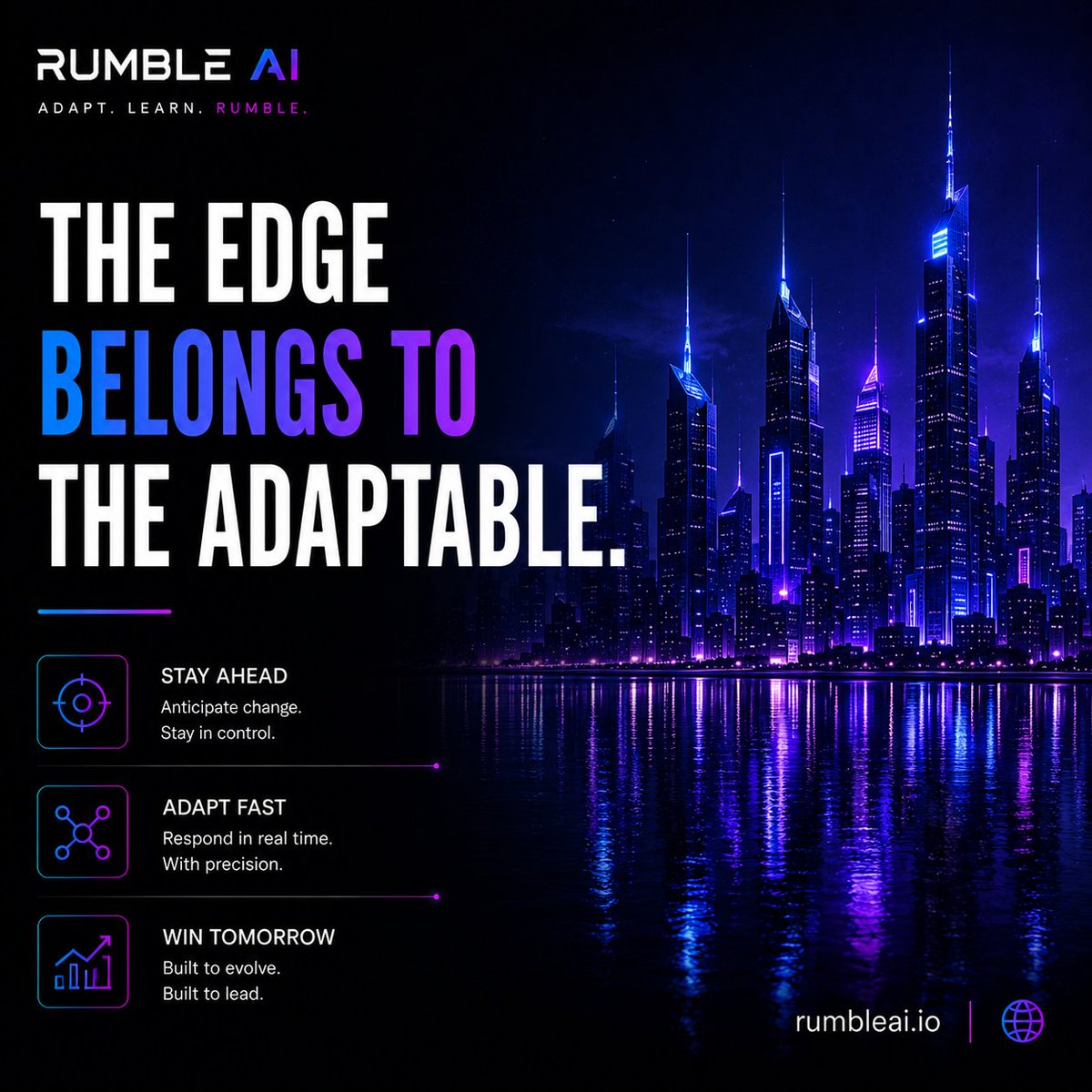 rumble_ai's tweet photo. The biggest advantage isn't reacting faster.

It's adapting faster.

Markets change. Technology evolves. Opportunities shift.

The organisations that stay ahead are the ones built to learn, adjust, and improve continuously.

Rumble AI is focused on creating adaptive systems designed for a world that never stands still.

The edge belongs to the adaptable.

https://t.co/TOePB8J6Kn
#RumbleAI #AdaptiveAI #AI #MachineLearning #FutureTech #TechInnovation #ArtificialIntelligence #Innovation #RealtimeAI #DeepLearning #Automation #AITech #Technology #DigitalTransformation #MachineLearningModels