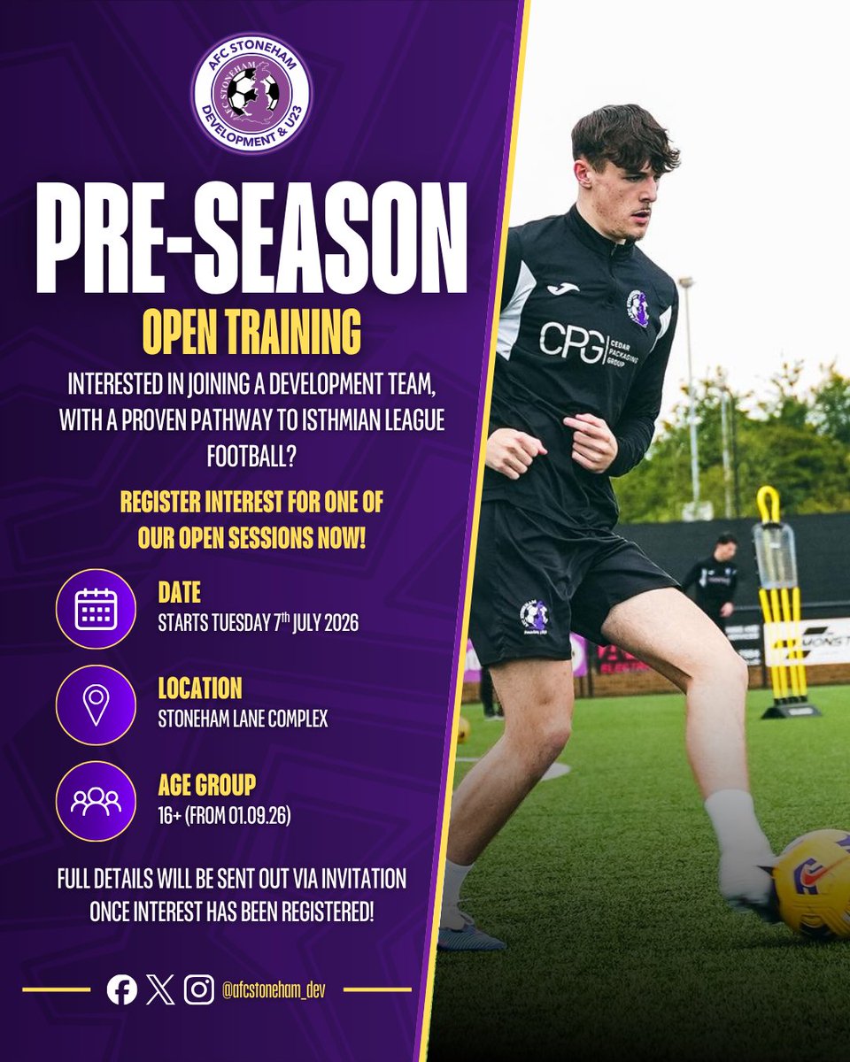 afcstoneham_dev's tweet photo. ⚽ Open U23 Training Sessions ⚽

Looking for the next step in your football journey? Register interest using the below for our open sessions in pre-season.

🌟 Proven pathway to 1st Team football
📈 Player development focus
👥 16+

https://t.co/0i2jh7fU1S

#UpTheYoungPurps 🟣 https://t.co/82I8zX1eo9