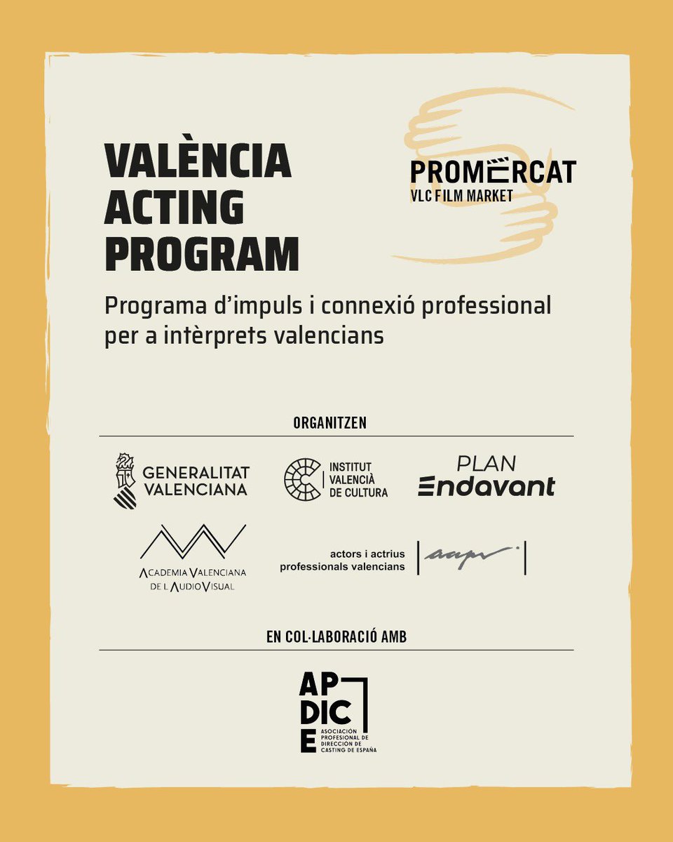 pro_mercat's tweet photo. ▶▶▶  CONVOCATÒRIA OBERTA – VALÈNCIA ACTING PROGRAM

L ́IVC organitza, junt amb l'Academia valenciana de l’Audiovisual i l’AAPV, en colaboració amb APDICE una jornada professional dirigida a intèrprets valencians.

🗓️ 17 de juny
📍Cinemes MN4 · Alfafar https://t.co/NiImysVEVX