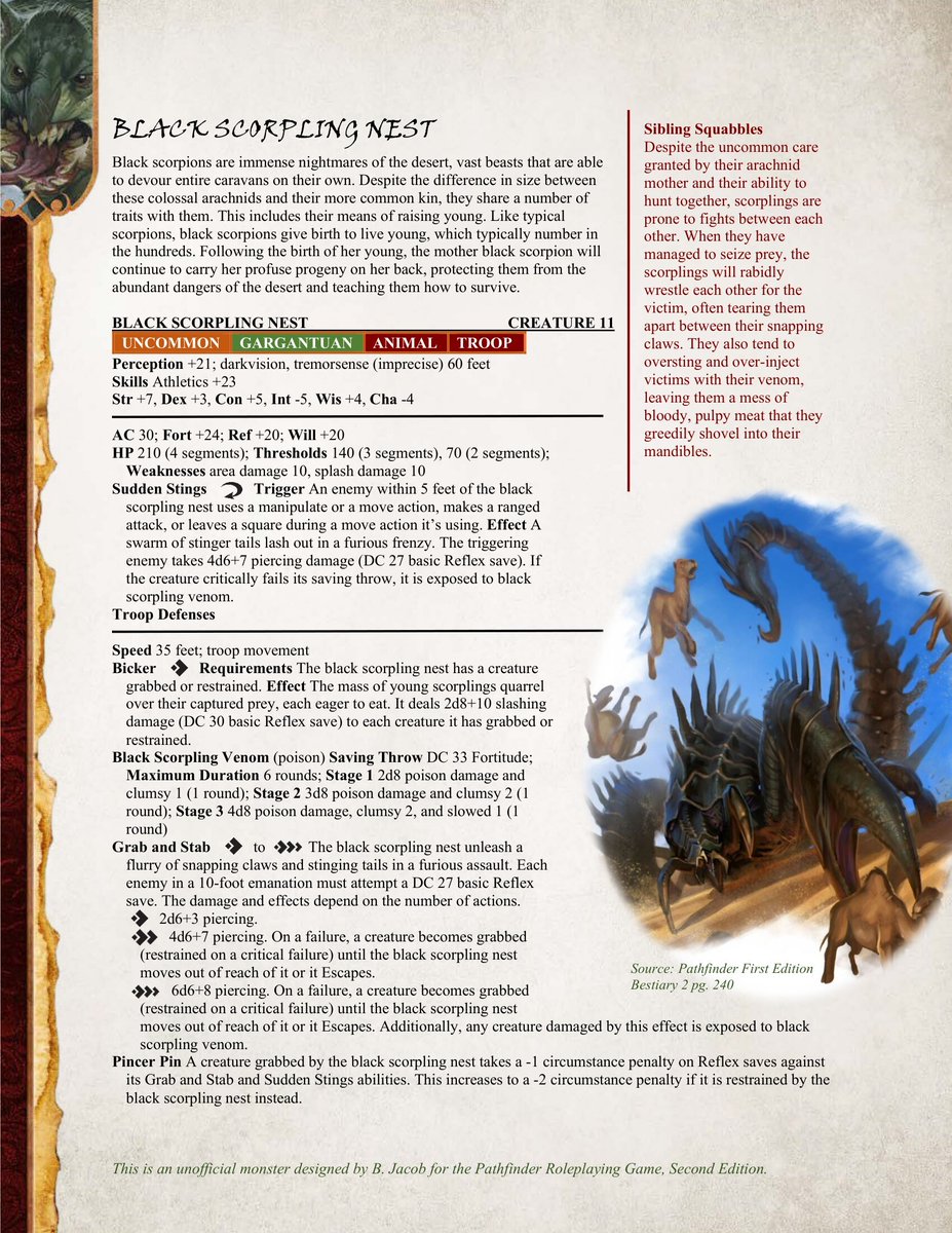 MonsterMonday1's tweet photo. Considerably colossal, this creeping cutie-pile crawl  'cross the carapace of their cantankerous, kaiju-coded caregiver with claws clacking and quickened quills quivering.

The Black Scorpling Nest! built for PF2e!
Check out our🔗🌲and 🍊! https://t.co/9So1jmguNr