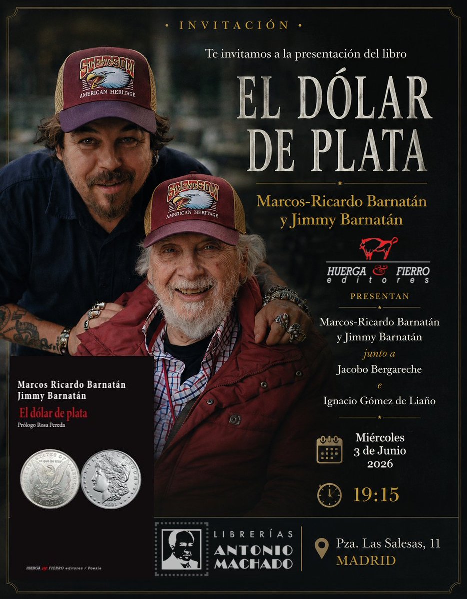 JimmyBarnatan's tweet photo. Estais invitados a la PRESENTACIÓN del libro El Dólar de Plata escrito a dúo por mi padre @BarnatanMR y por mi.
MIÉRCOLES 3 a las 19:15 en la Librería Machado de la Plaza de las Salesas: Presentan Jacobo Bergareche e Ignacio Gómez de Liaño.
📌 JUEVES 4 firma en la Feria del Libro https://t.co/mbJ8pIl2km