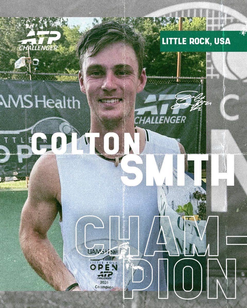 ATPChallenger's tweet photo. The third piece 🏆🏆🏆

Colton Smith takes down Mmoh 6-2, 6-4 to lift Challenger trophy No. 3 of his career in Little Rock! 🇺🇸

#ATPChallenger | @usta https://t.co/Jz9TqPUY1w