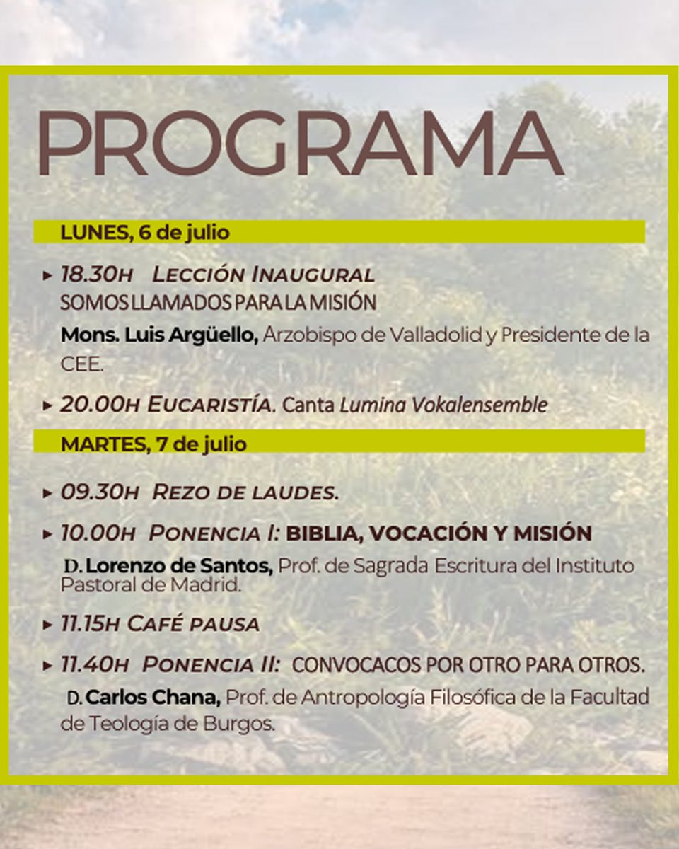 SemMisionologia's tweet photo. 📣 ¡Hacemos oficial el programa de la 78ª Semana Española de Misionología!

Del 6 al 9 de julio de 2026 nos reuniremos en Burgos para compartir reflexión, oración y experiencia misionera en torno a la vocación y la misión de la Iglesia hoy.
 
 ✨ “La misión es nuestra vocación” https://t.co/By7tY4StsN