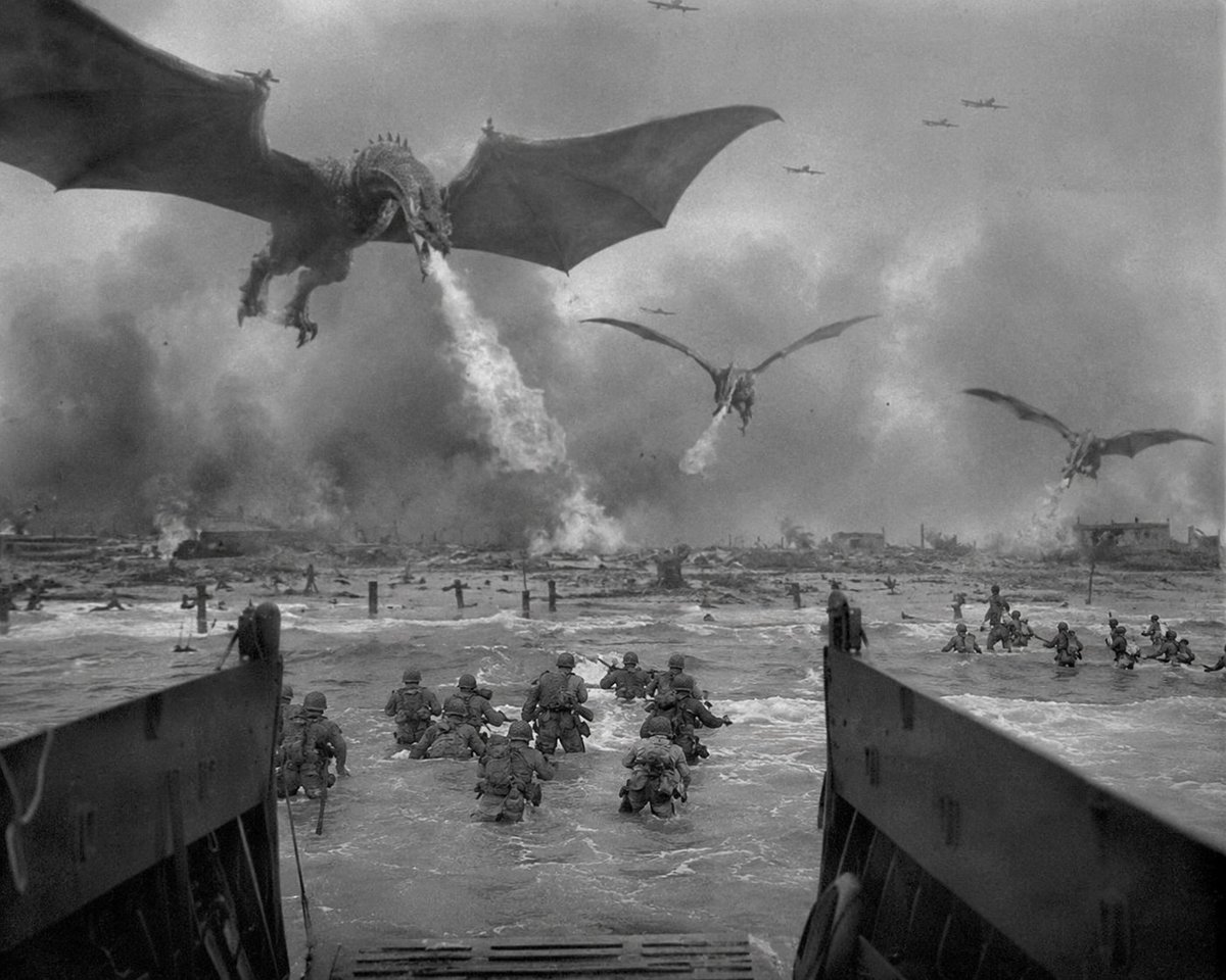 mapkyca's tweet photo. To give an idea at the speed of change in AI, here are two images using the same prompt "photo of alternative universe ww2 where the allies use dragons when storming the Normandy beaches". Stark the difference in just a couple of years. https://t.co/iqLUJBE3ee