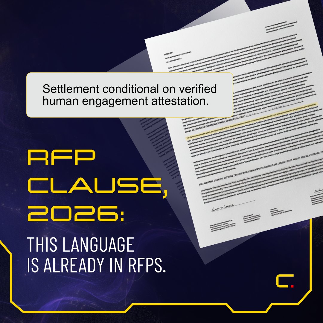 seecoin_io's tweet photo. Proof-based settlement is not coming to advertising contracts. It is already appearing in RFPs. 
The brands that are not ready will lose access to premium inventory first.

In the last 18 months we have seen brands begin writing specific language into campaign briefs:

"Verified human engagement required."

"Settlement conditional on third-party attestation."

"Invalid traffic above X% triggers partial refund."

This is not legal boilerplate.

This is procurement catching up with what the technology now makes possible.

The brands driving this are not small.
They are the ones with large enough budgets to have felt the fraud and specific enough legal teams to act on it.

The direction is one way.
Every year the language gets more specific.
Every year more brands add it.
Every year the platforms that cannot provide attestation lose access to that budget.

We built EVO before this became a requirement because we could see it becoming one.
When proof-based settlement is standard, the verification infrastructure built today is the moat.

#utilityfirst #seecoin