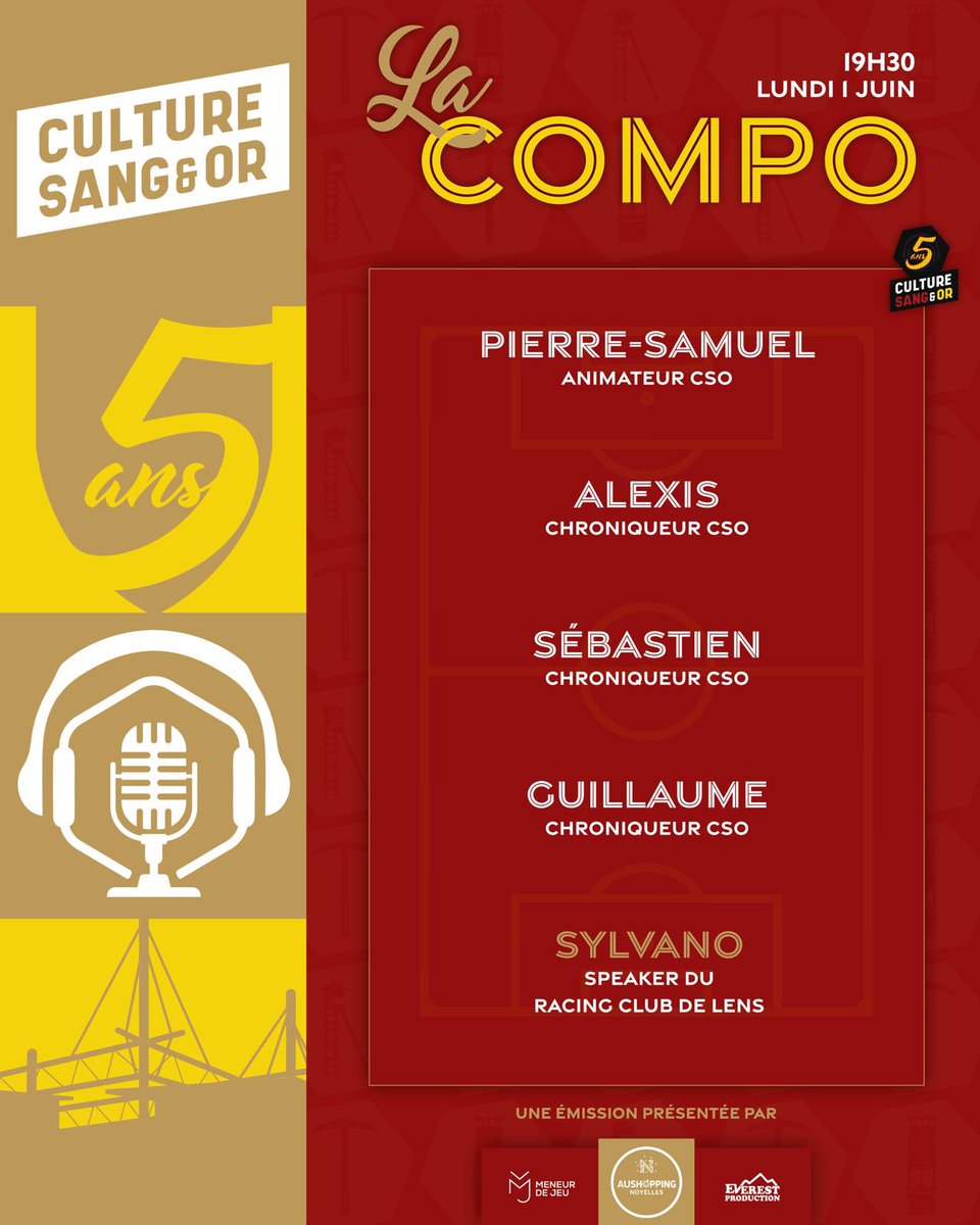 CultureSangEtOr's tweet photo. [Émission | #S6E36]

La compo du jour !

➡️ Pierre-Samuel🎙️ 
➡️ Alexis 
➡️ Sébastien 
➡️ Guillaume 
➡️ 𝗦𝘆𝗹𝘃𝗮𝗻𝗼, notre invité  

#RCLens 🔴🟡 https://t.co/zaOdxHv3VN