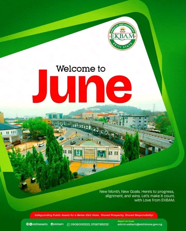 ekitiassets's tweet photo. Ekiti State Bureau of Assets Management welcomes you to this brand new Month of June.

May this month brings good tidings our ways as we journey through the Month.

Safeguarding public assets. Serving Ekiti. Always.

#AssetManagement
#NewMonthOfJune
#EKBAM 
#BAOGovernance https://t.co/22fesjkZlq