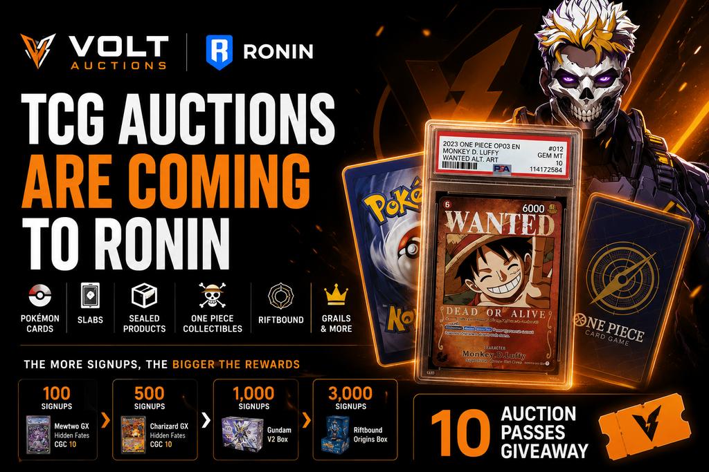 nofacethegamer's tweet photo. I feel like a lot of collectors are sleeping on what Volt is building

At first I thought it was just another auction platform

Then I saw Pokémon cards, slabs, sealed products, One Piece collectibles, Riftbound items, and more all being brought to @Ronin_Network through live auctions

That got my attention

Even better, early supporters are already helping unlock community rewards simply by joining the waitlist.

And to make things more interesting, I'll be giving away 10 FREE Auction Passes to my community

That means 10 winners will be able to participate in upcoming @GetVoltGG auctions at no cost when the platform launches

If you're a TCG collector, this is probably worth keeping an eye on.

Giveaway details in the comments below ▼