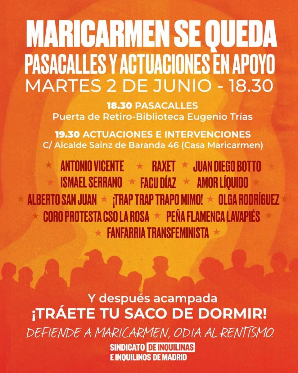 AVPinosRetiro's tweet photo. Mañana martes 2 de junio, ¡defiende a Maricarmen! Nos unimos a la convocatoria del Sindicato de Inquilinas de Madrid. 
Pasacalles a las 18:30 en la Puerta de Retiro y actuaciones a las 19:30 en Alcalde Sainz de Baranda 46. Trae tu saco para la acampada posterior. ¡No estás sola! https://t.co/qUjALBQG9F