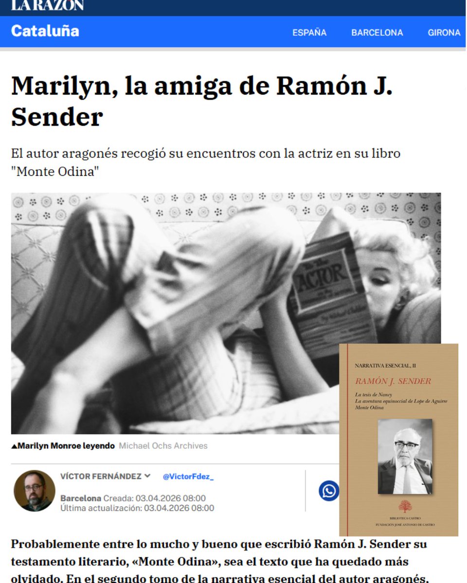 Fund_Castro's tweet photo. Marilyn nos enamoró a todos, incluso a Ramón J. Sender que la conoció cuando estaba casada con el dramaturgo Arthur Miller y fue capaz de atrapar la tristeza de la mujer más allá del mito: "El suicidio de Marilyn dio a su frivolidad juvenil un doble fondo trágico y de una resonancia cósmica. Porque Marilyn era un poco la novia universal.
Todos mis lectores masculinos o femeninos tendrían algo interesante que decir sobre ella. Con mayor motivo yo, que tuve el placer de conocerla personalmente".
Lo cuenta en "Monte Odina", unas memorias apócrifas recogidas en el tomo II de su Narrativa esencial.