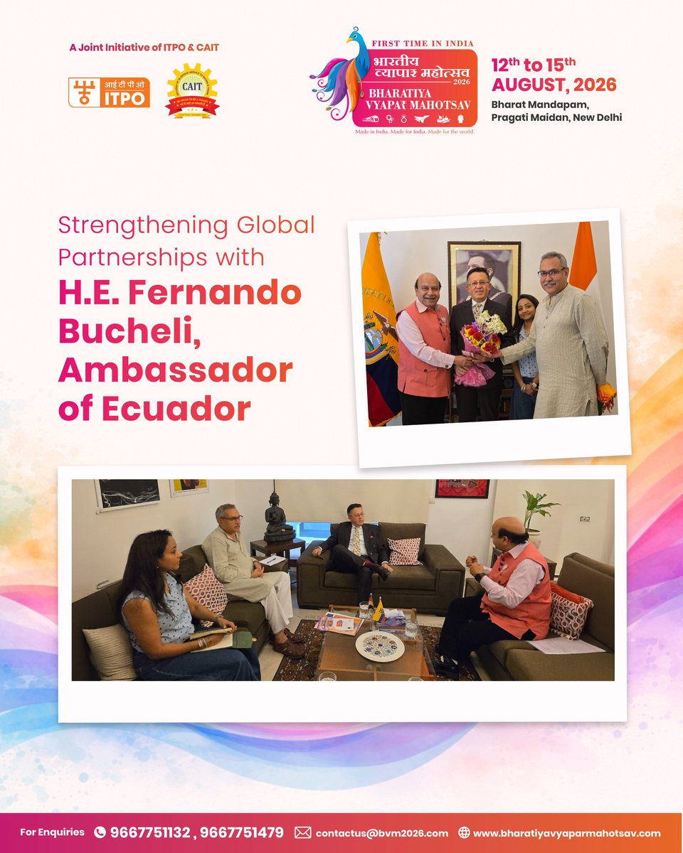 Bvm2026's tweet photo. Strengthening Cross-Border Pipelines for Modern Commerce! 🚀🌍

A significant milestone as Team BVM holds an engaging and insightful session with H.E. Fernando Bucheli, Hon'ble Ambassador of Ecuador. Conversations focused on driving strategic trade relations, bilateral cooperation, and unlocking global market access for Indian enterprises at Bharat Mandapam this August! 🏛️📈🤝

—
📍 Bharat Mandapam 
🗓️ August 12-15, 2026
👉 Book your stall now!
📝 Enquire Now : https://t.co/KZcr3OmaKE
📞 +91 9667751132 | +91 9667751479
 📧 contactus@bvm2026.com 
🌐 https://t.co/AiAOs1VdNn

A Joint initiative of ITPO (a Govt of India Company) and CAIT (Federation of 48,000+ Associations)
@narendramodi @AmitShah @PMOIndia @PiyushGoyal @nitinnabin @PKhandelwal_MP @BJP4India @BJP4Delhi @CAITIndia @ITPOdesk @doc_goi @fbucheli @EmbajadaEcuIND 
#BVM2026 #bharatiyavyaparmahotsav #AtmanirbharBharat #MakeInIndia #BharatMandapam #IndianTraders #GlobalTrade #MSMEIndia #ViksitBharat #VocalForLocal