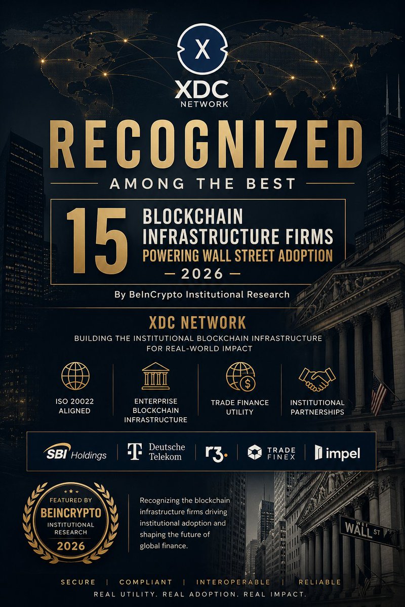 ChloeBennee's tweet photo. 🚨 Huge recognition for #XDC 🔥

#XDCNetwork featured among the “15 Blockchain Infrastructure Firms Powering Wall Street Adoption – 2026” by @beincrypto Institutional Research. 🌍⚡

🔗 https://t.co/pa1U7rZuZB

#XDC #RWA #Blockchain #TradeFinance #Web3 https://t.co/sjrVCee82h