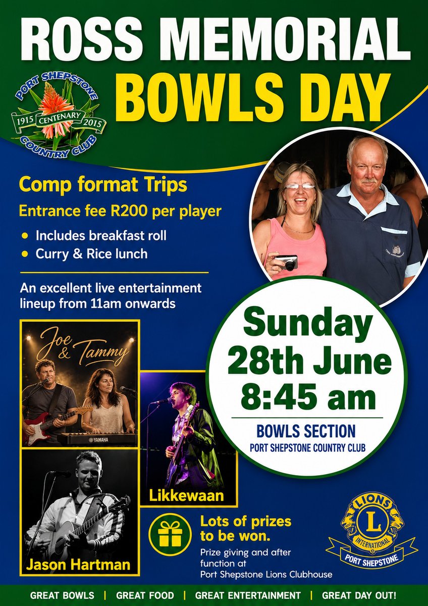 Sheppielions's tweet photo. On Sunday 27th June Port Shepstone Country Club Bowls Section &amp; Port Shepstone Lions will be hosting the Ross Memorial Bowls day.  #sheppielions #WeServe #charityfundraiser #portshepstonecountryclub #bowls #livemusic #thelocalfirstchallenge https://t.co/ueWJicf2dM