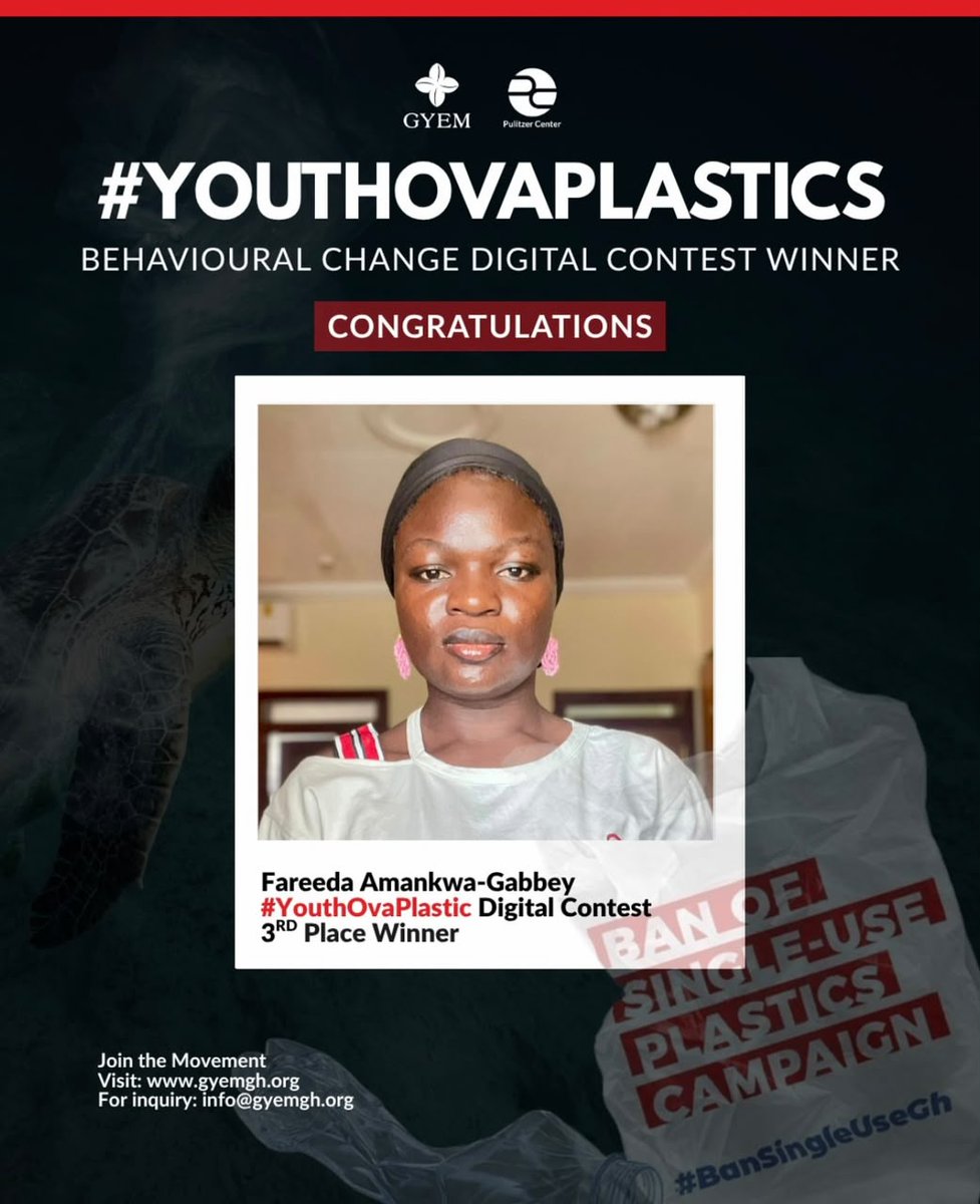 YGEGhana's tweet photo. We are proud to celebrate one of our YGE members, Fareeda Amankwa-Gabbey, on her impressive achievement as the 3rd Place Winner of the #YouthOvaPlastic Digital Contest.

Congratulations, Fareeda! We are excited to see the impact you will continue to make.

#YoungGreenEntrepreneur https://t.co/4HVMHd7TUX