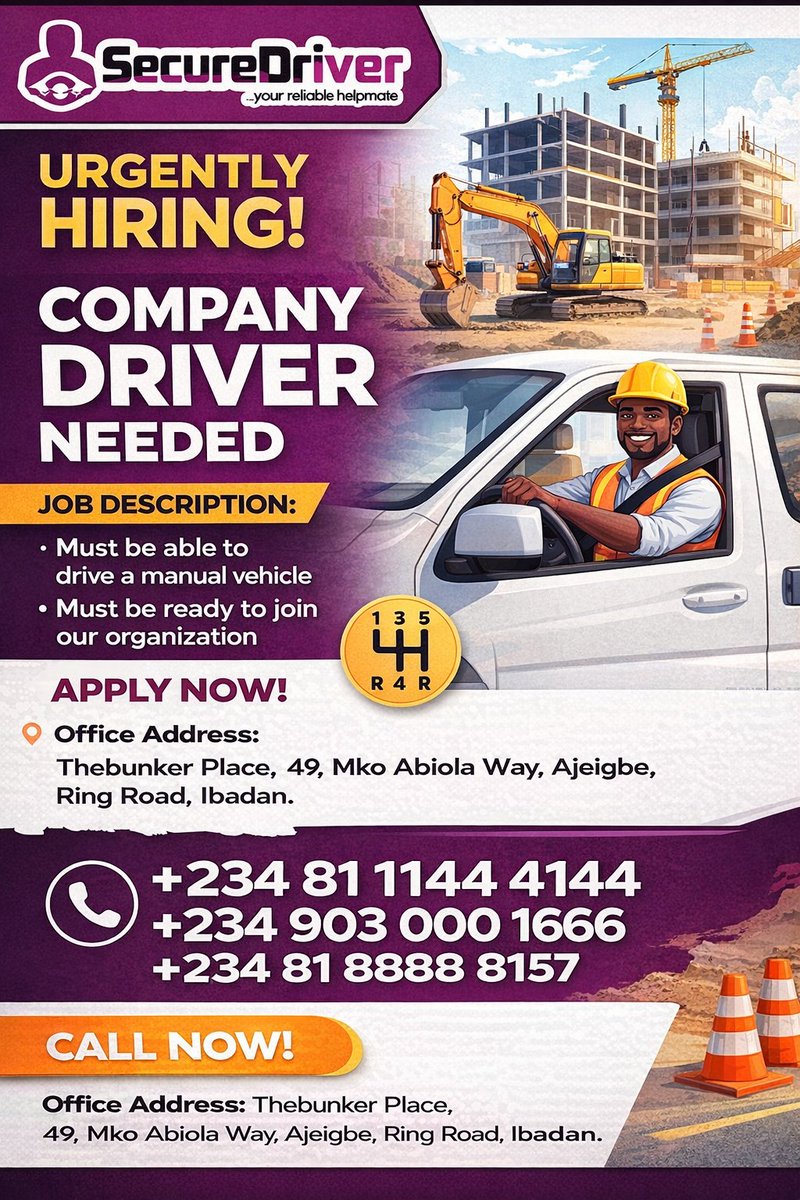 securedriver's tweet photo. At Secure Driver, we specialize in driver supply accross all vehicle types!

Needed a professional driver to drive you in the luxury of your car? We got you covered!

We are your reliable helpmate.

Contact us: 08188888157 / 09030001666 /08111444144

Click this link to get started👇👇👇