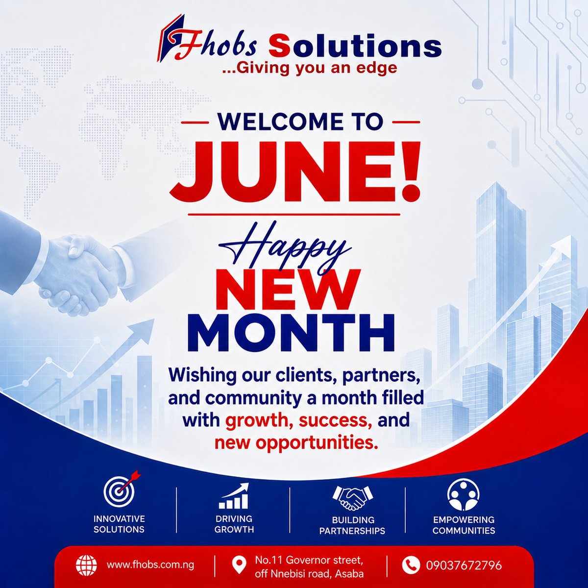 FhobsS's tweet photo. 🌟 Happy New Month from FHOBS Solutions! 🌟

Welcome to June - a new month filled with fresh possibilities, greater achievements, and exciting opportunities.

Here's to a productive and rewarding June! 🚀

#HappyNewMonth #Growth #Success #Innovation #BusinessGrowth #Asaba #Tech https://t.co/n0clNhw2Bh
