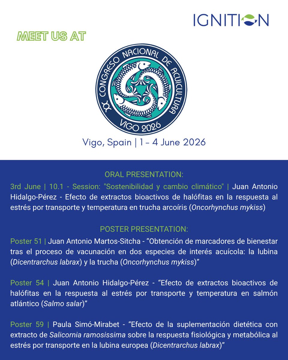 IGNITION__EU's tweet photo. 📢 IGNITION is pleased to participate in the XX Congresso Nacional de Acuicultura, taking place in Vigo, Spain between 1 and 4 June

Our team will share the latest results of the project through 1 oral and 3 poster presentations

See you there! 🌊🐟

#Aquaculture #FishHealth https://t.co/YklqBdUhxk