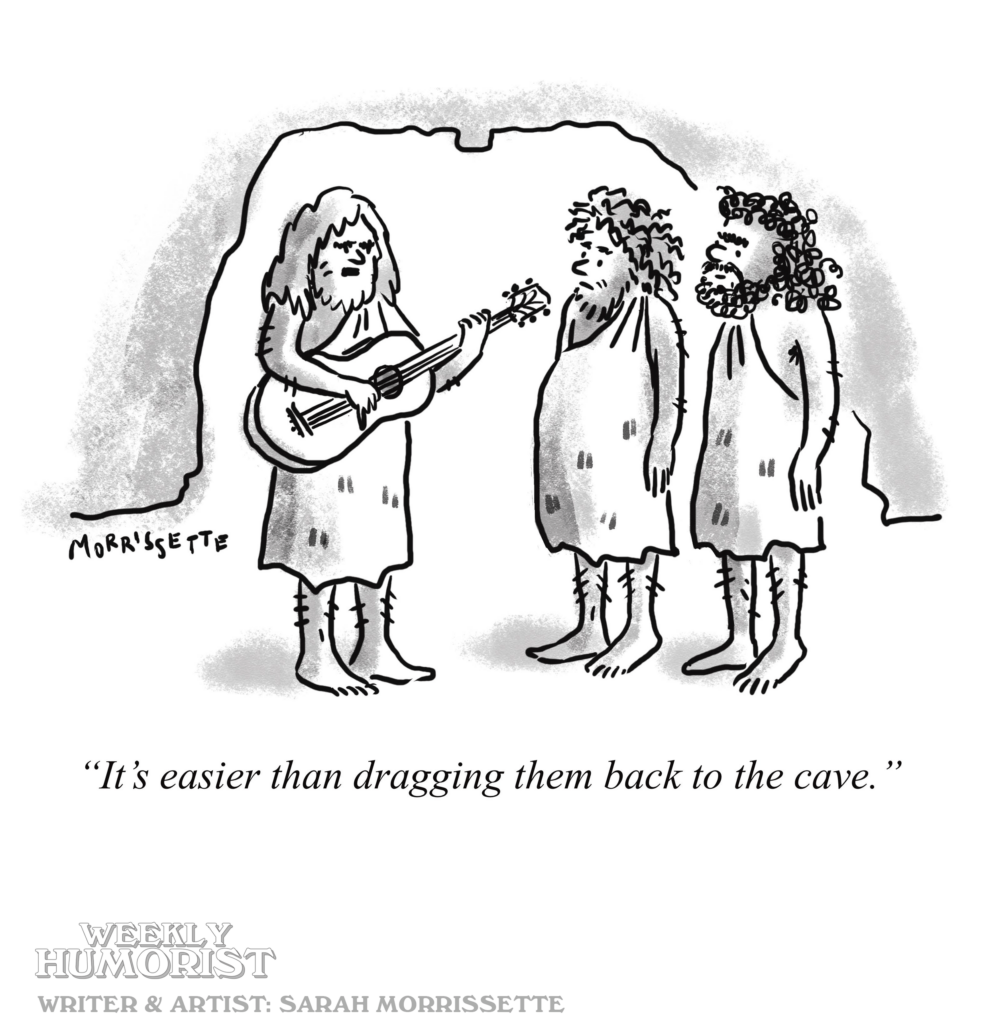 WeeklyHumorist's tweet photo. 🎸🪨Stone Age Seduction. Today's cartoon by Sarah Morrissette. https://t.co/neJdQJbOfL Another way to make her swoon? Subscribe to Weekly Humorist!  https://t.co/tPeOcUUhqT

#cartoons #love #music #historyhumor https://t.co/Sy8mCAawfm
