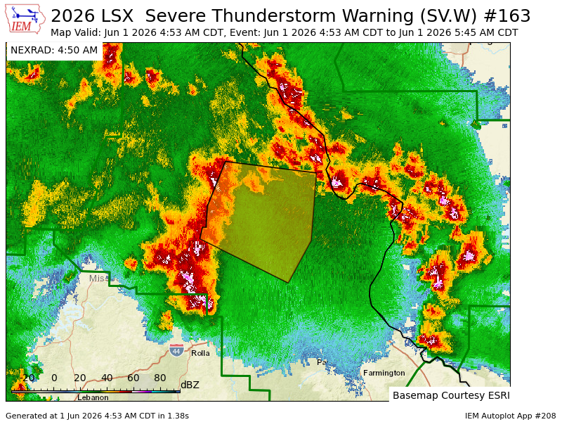 HFitzpatrickWX's tweet photo. LSX issues Severe Thunderstorm Warning [wind: 60 MPH (RADAR INDICATED), hail: 1.00 IN (RADAR INDICATED)] for Franklin, Gasconade, Lincoln, Montgomery, Osage, St. Charles, Warren [MO] till 5:45 AM CDT https://t.co/x5qWj5dX4F https://t.co/ooqB7aCc2X