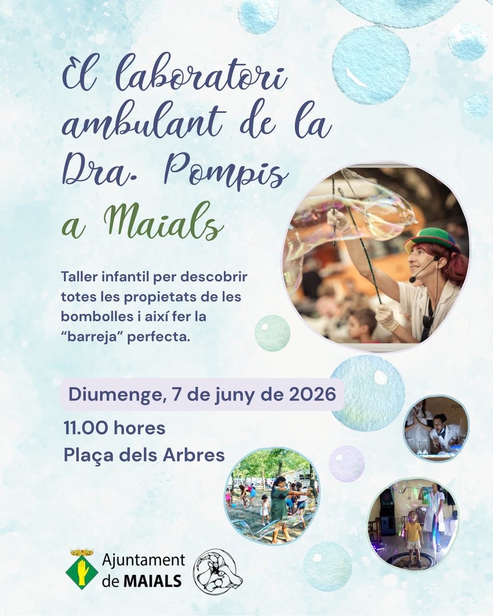 ajmaials's tweet photo. 🫧 El pròxim diumenge arriba una activitat molt divertida!! El laboratori ambulant de la Dra. Pompis amb KabriolArts!!

Us esperem a la Plaça dels Arbres de Maials a les 11.00h per gaudir de les bombolles!

#Maials https://t.co/9244JtZBPU
