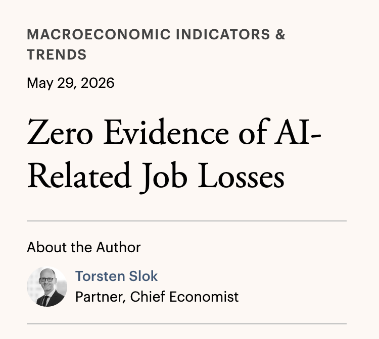aterrien's tweet photo. That's the news i like to hear.  From @apolloglobal 

"there is zero evidence of job losses because of AI... Instead, many firms are hiring AI implementation experts... It is Jevons paradox playing out in real time: cheaper technology is creating more demand and more jobs."

Doomers be damned.

https://t.co/BVf2tEdgU4