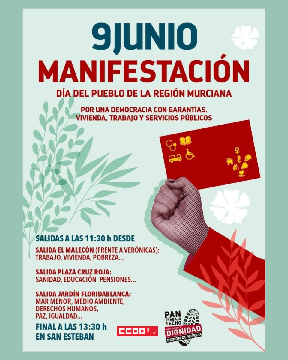CCOORM's tweet photo. 📢El 9J, día de la Región de Murcia, saldremos a la calle, junto a otros colectivos sociales, en las #MarchasPorLaDignidad para reivindicar una región más justa para tod@s.

Nuestra columna saldrá a las 11:30 desde el Malecón de Murcia frente al mercado de Verónicas.  

✊¡NO FALTES!
