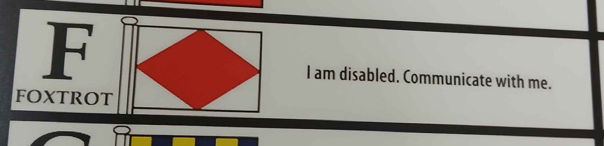 KaylieRaidz's tweet photo. Autistic people who are shy as fuck but still wanna make friends should start using the International Maritime Code's Foxtrot Flag Signal https://t.co/Pg4eu2jIY9