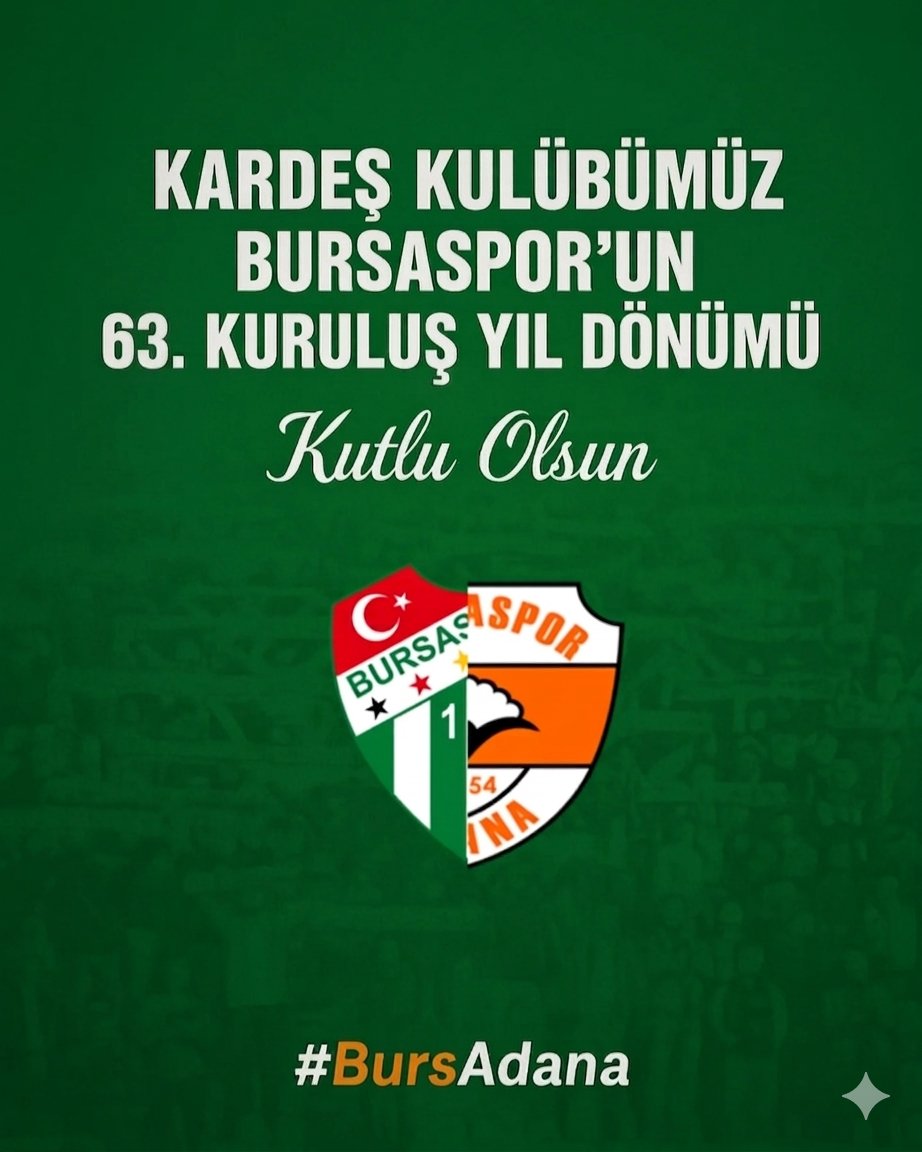 Adanasportr01's tweet photo. Kardeş kulübümüz Bursaspor'un kuruluşunun 63. yıl dönümünü en içten dileklerimizle kutluyoruz.

Köklü tarihi, büyük taraftarı ve Türk futboluna kazandırdığı değerlerle önemli bir yere sahip olan Bursaspor'a nice başarılı yıllar diliyor; camiasının, taraftarlarının ve tüm Bursaspor ailesinin bu anlamlı gününü tebrik ediyoruz.

Kardeşlik, dostluk ve dayanışmamızın daim olması temennisiyle...

İyi ki varsın Bursaspor!💚🤍

Adanaspor! 🧡🤍
#bursa #bursaspor #adana #adanaspor