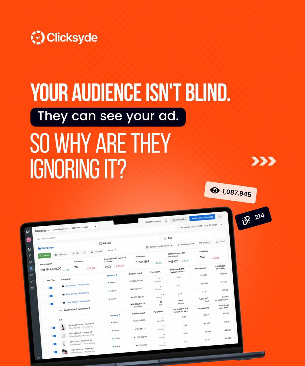 clicksyde's tweet photo. Your audience isn't blind.

They can see your ad.

So why are they ignoring it? 👇 https://t.co/lNDsGYHG2e