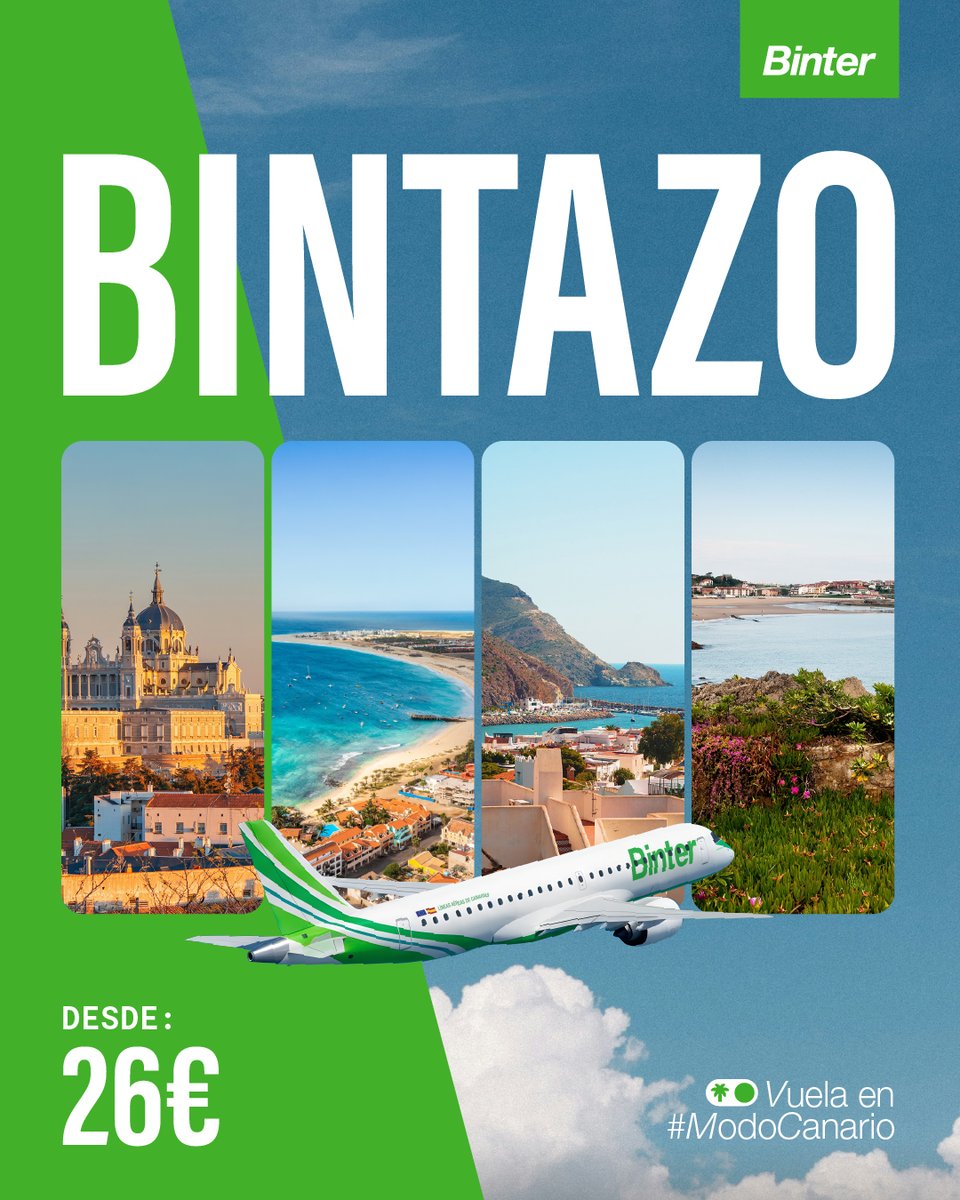 BinterCanarias's tweet photo. ¡Nuevo Bintazo! Vuela a Madrid desde sólo 26€ o descubre otros destinos como Almería, Santander o Isla de Sal en Cabo Verde con nuestro #ModoCanario y la comodidad de siempre.  Las plazas vuelan rápido así que... ¡no esperes demasiado!

🛒 Compra del 1 de junio al 15 de junio
✈️ Vuela de 15 de septiembre de 2026 al 31 de marzo de 2027
💸 Precio desde 26€

Reserva tus billetes: https://t.co/o6oYv2e74t

#VuelaConBinter #Bintazo