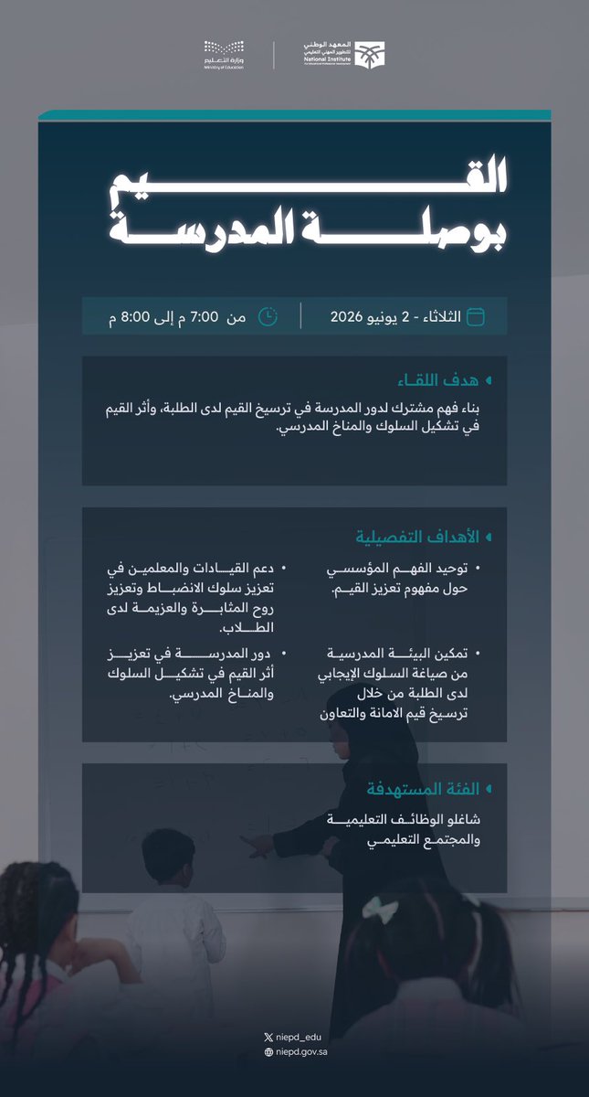 niepd_edu's tweet photo. بالشراكة مع #وزارة_التعليم يقدم #المعهد_الوطني_للتطوير_المهني_التعليمي لقاء "القيم بوصلة المدرسة"
ضمن سلسلة اللقاءات التثقيفية الافتراضية #المدرسة_المعززة_للقيم ؛

📅الثلاثاء 2 يونيو  2026
 ⏱️7:00م-8:00 م

تطوّر بشغف.. علّم بإلهام
وانضم معنا عبر الرابط:
https://t.co/PQYHtoVTjO https://t.co/CM2Qe19FTH