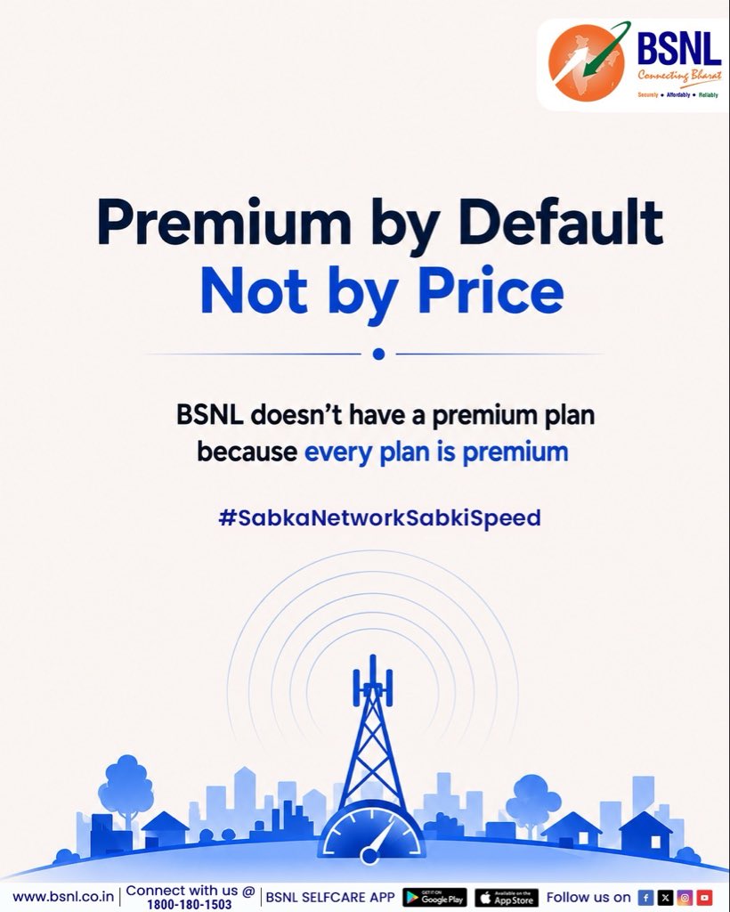 BSNLCorporate's tweet photo. Quality shouldn’t feel exclusive.

That’s why every BSNL plan is built to deliver a premium experience — without the premium price.

Reliable. Consistent. Made for every Indian. 

#SabkaNetworkSabkiSpeed #BSNLIndia #QualityForAll #ConnectingBharat #premiumquality #service @CMDBSNL @robertravi21