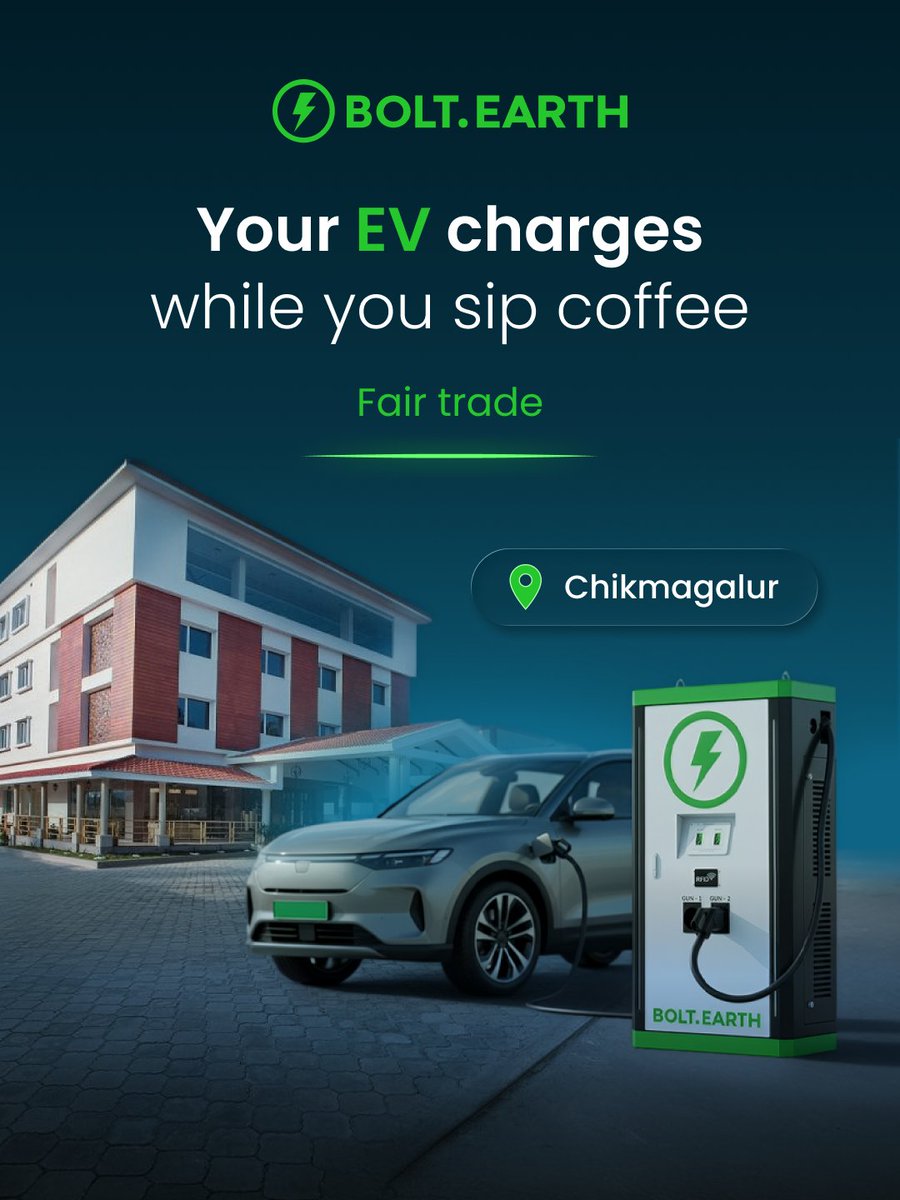 bolt_earth's tweet photo. Hill roads. Coffee aromas. Endless views.
And now, #fastcharging too. ☕

If #Chikmagalur is on your road trip bucket list, your EV has one more reason to come along.

The @bolt_earth 60kW Lightning DC is now installed at Hotel Aadrika, making it easier for EV drivers to power up and get back to exploring everything the region has to offer. 😎

📍 Hotel Aadrika, Chikmagalur

Learn more about https://t.co/HOlZXJNMzQ's DC fast charging solutions for 4-wheelers: https://t.co/w1jlSByEbY

#BoltEarth #EVCharging #Deployments #4WChargers #EVs #Electric