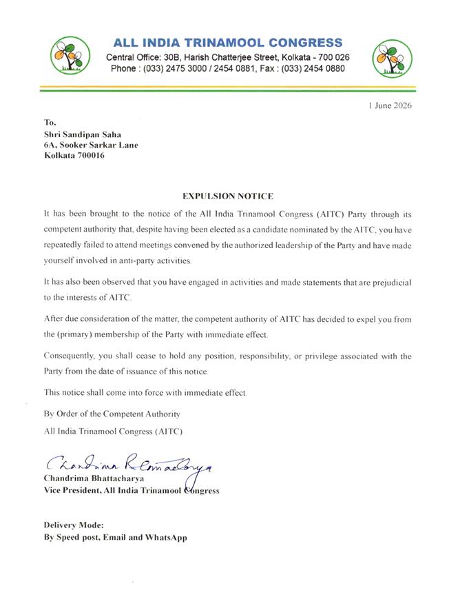 BeOneBangla's tweet photo. Major organisational action by the @AITCofficial 

MLAs @RitabrataBanerj  and @sandipansahaWB have been expelled from the party over allegations of anti-party activities. 

#tmc #partyclash #westbengalelections2026 https://t.co/4igaW9NyMt
