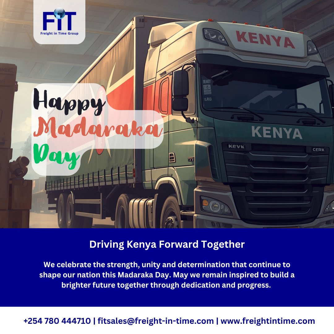 _freightintime's tweet photo. We celebrate the strength, unity and determination that continue to shape our nation this Madaraka Day. May we remain inspired to build a brighter future together through dedication and progress. 

Happy Madaraka Day from all of us at FIT! 

#MadarakaDay #FITLogistics #KenyaPride https://t.co/7Ye2wtSZaW