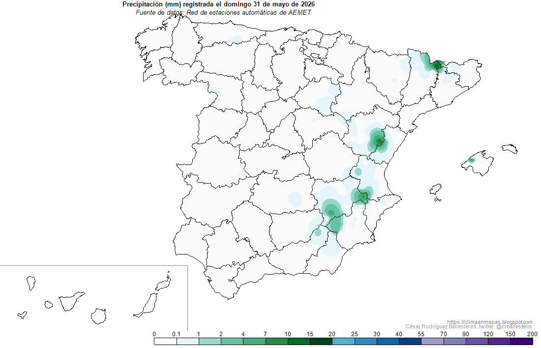 crballesteros's tweet photo. #Precipitación registrada ayer domingo 31 de mayo. El máximo entre la red de estaciones automáticas de #Aemet se registró en Martinet   (Lleida) con 16,0 l/m². #ClimaEnMapas.
https://t.co/a1tteKOK2v https://t.co/qPOwlPysI7