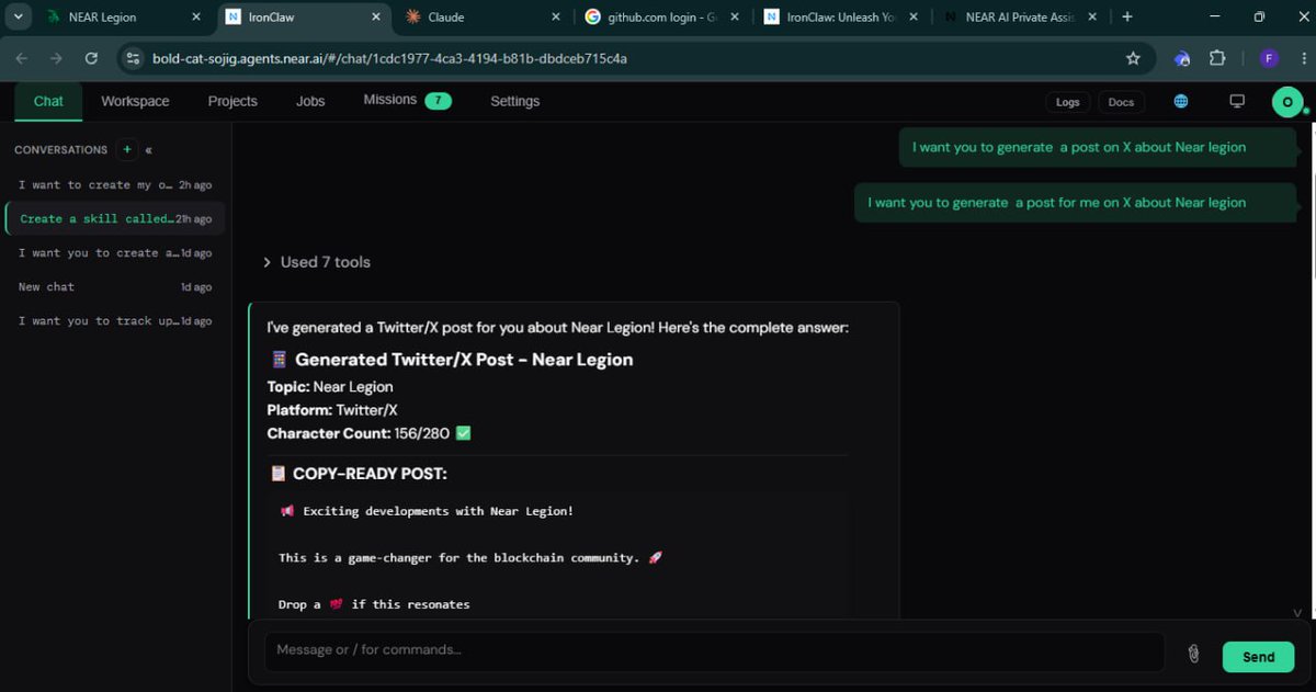 Ijeoma_02's tweet photo. GM CT heard of IRONCLAW!?

Near Legion gave me the chance to actually explore it.
Using my own agent to complete tasks showed me what's possible when AI can take action, not just generate text.
Still learning, but this feels like a big step toward real AI autonomy on NEAR. https://t.co/vDRQ6CJgN5
