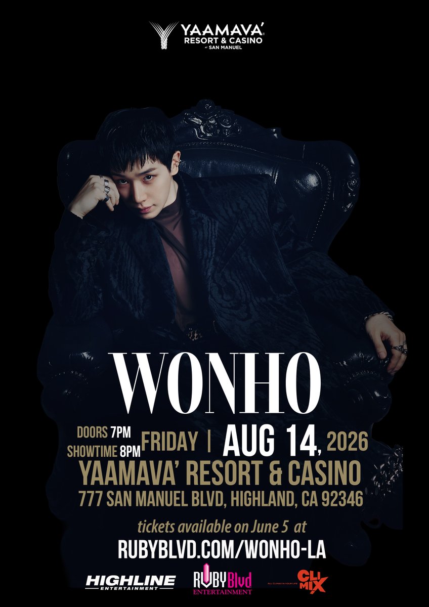official__wonho's tweet photo. [📢]
WONHO LIVE AT YAAMAVA'

✔Date
- 2026.08.14 (FRI) 8PM (PT)

✔Venue
- Yaamava' Resort & Casino, Highland, CA

✔Ticket Information
(All times listed in PT)

- General Public On-Sale: 2026.06.05 (Fri) 10AM

▶ Ticket Link
https://t.co/PL3ShTioBw

Please note: Yaamava' is a strictly 21+ property, including hotel areas.

#WONHO #원호
