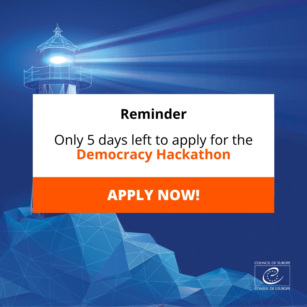 coe's tweet photo. 5 days left to apply for the @coe Democracy Hackathon!

From 17–19 June, tech minds, designers &amp; democracy experts across Europe will meet in Strasbourg to build new tools against online hate speech and to strengthen democracy.

Apply by 5 June, 12:00 CET: https://t.co/jsxSubNES8 https://t.co/IHuRLWUogB