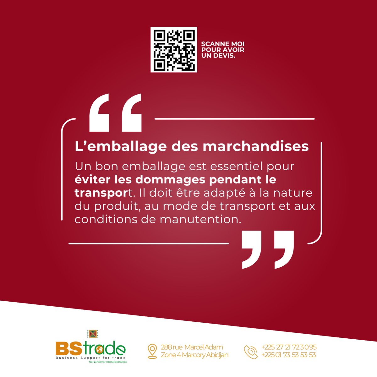 bstradeorg's tweet photo. 𝐔𝐧 𝐞𝐦𝐛𝐚𝐥𝐥𝐚𝐠𝐞 efficace doit être pensé en fonction du 𝐯𝐨𝐲𝐚𝐠𝐞 qu'il va subir.
Entre les chocs de manutention et les variations de transport, chaque détail compte pour éviter les pertes. 

#BSTrade #ImportExportFacile #LogistiqueInternationale #commerceinternational https://t.co/9hPUc3DEfm